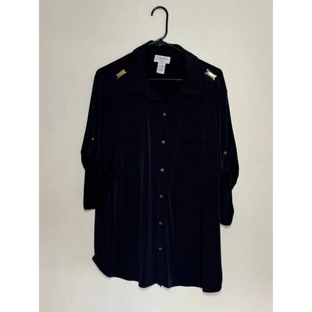 Carmen Marc Valvo Woman Navy Blue Roll Tab Sleeve Button Down‎ Tunic Top 2X
